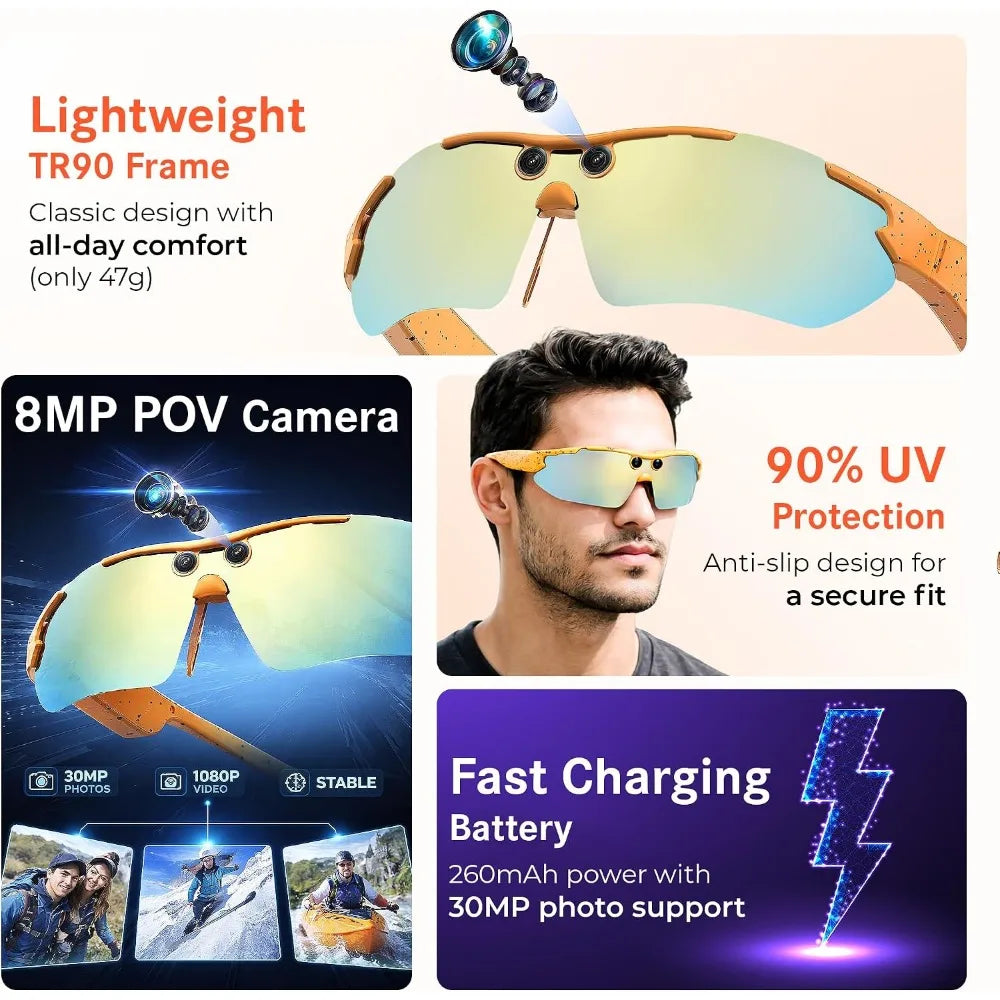 AI-Enabled Smart Glasses with 8MP Camera, 1080P Video, Multi-Language Translation, Dual Mic, WiFi Sports Sunglasses