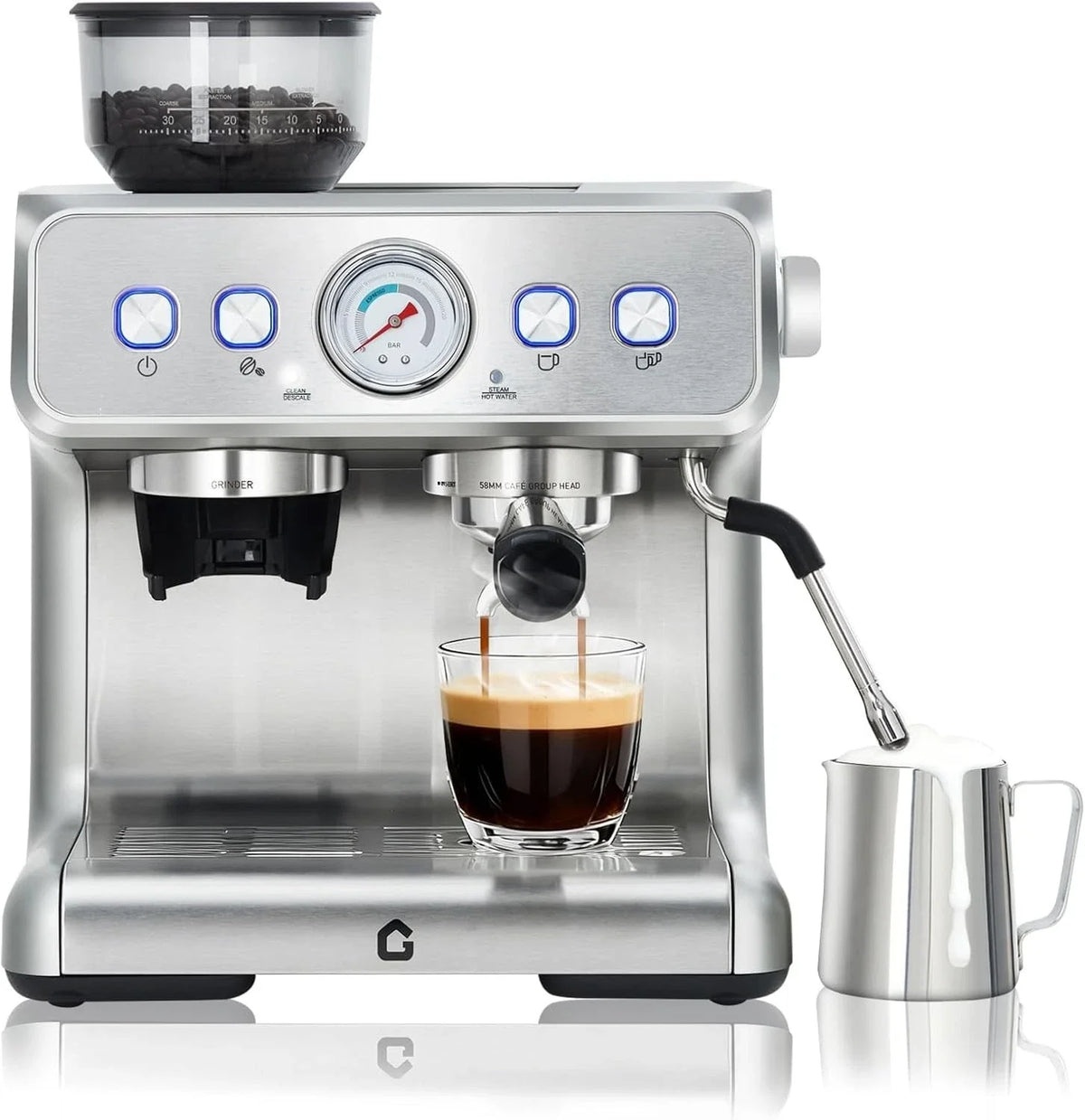 Stainless Steel Espresso Machine with Grinder 20 Bar & 2.8l Removable Tank