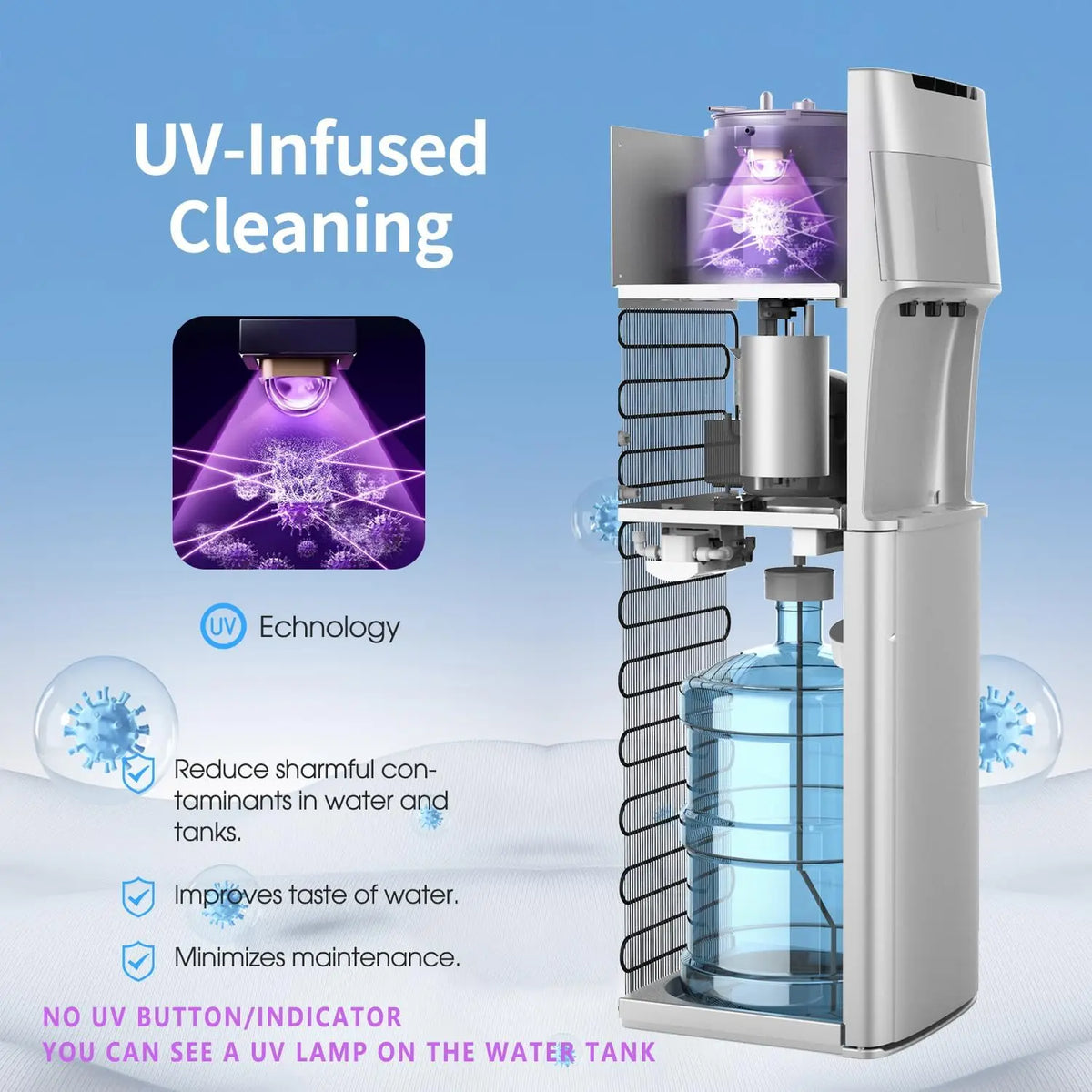 Self-Cleaning Water Cooler Dispenser Bottom Load for 3-5 Gallon Bottle with Safety Lock LED Display Light,Silver