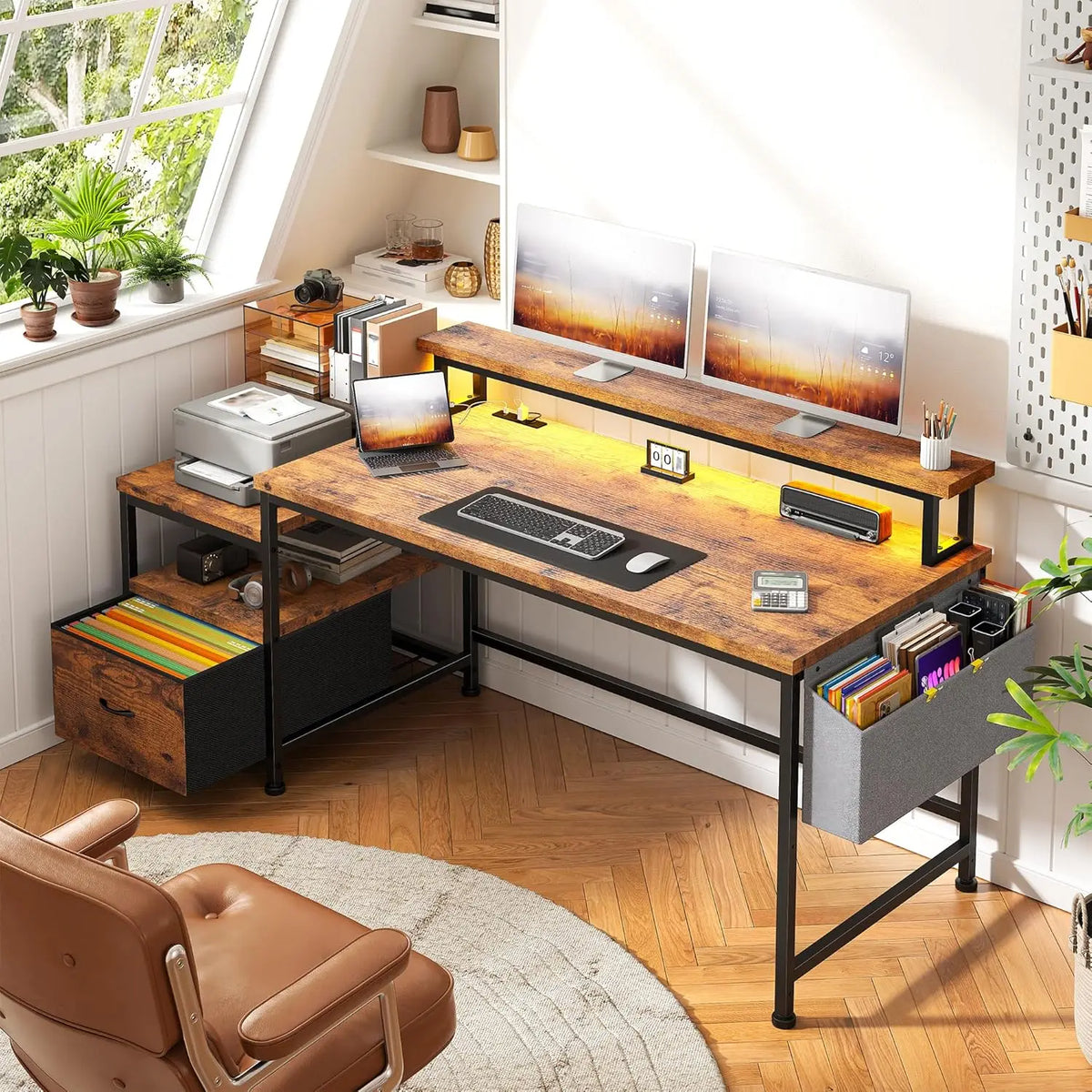 Gaming Desk with Monitor Stand,Computer Desk with LED Lights &Power Outlets,Office Desk with Drawers & Printer, Customized