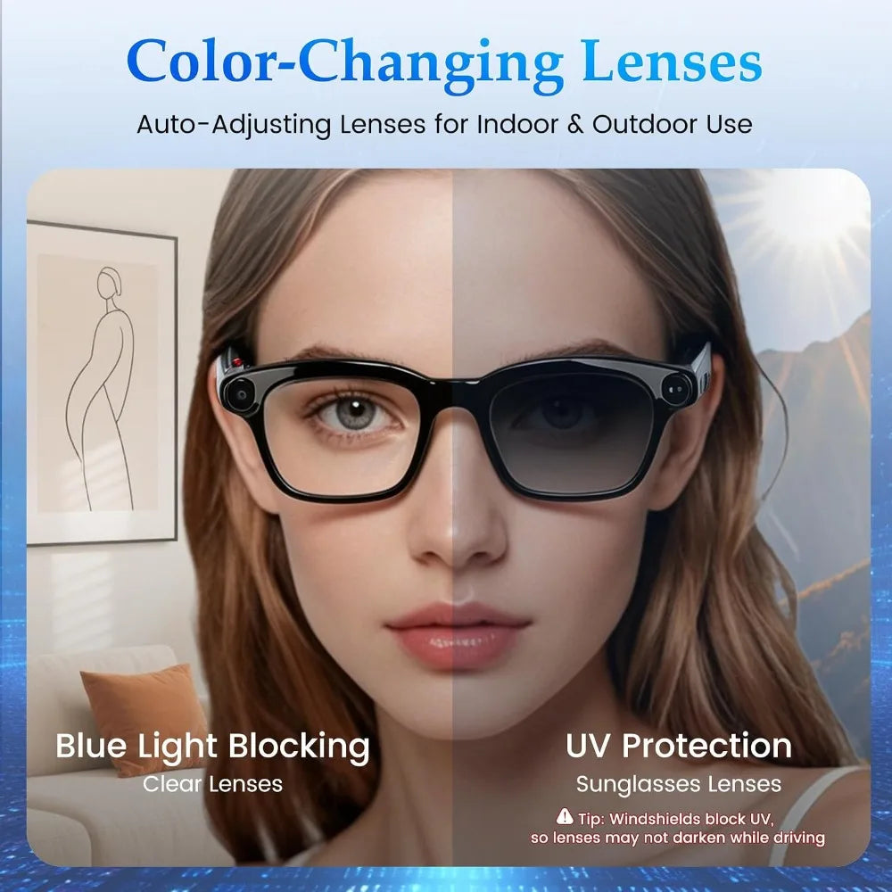 8MP Camera Smart Glasses: 1080P Video, HD Photos, Open-Ear Audio, Photochromic Lenses, AI Assistant, Translation
