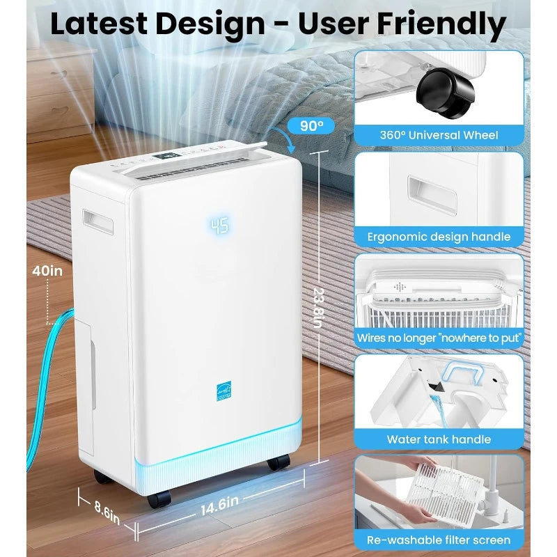 4500 Sq. Ft Dehumidifier , 80 Pint Energy Efficient Intelligent Humidity Control Drain Hose