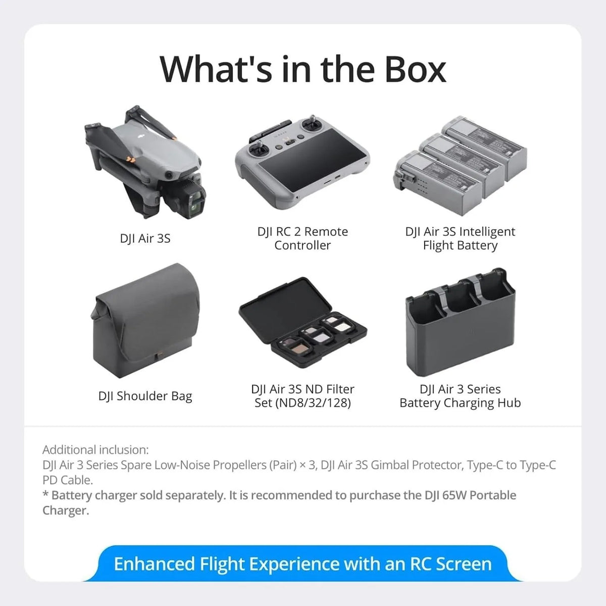 DJI Air 3S Fly More Combo (RC 2 Screen Remote Controller), Drone with 1" CMOS Wide-Angle & Medium Tele Camera for Adults, 4K/60fps, Omnidirectional Sensing & 3 Batteries for Extended Flight Time