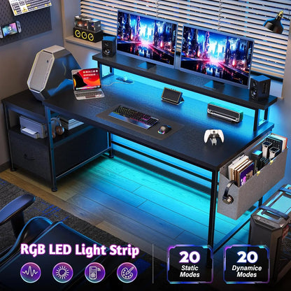 Gaming Desk with Monitor Stand,Computer Desk with LED Lights &Power Outlets,Office Desk with Drawers & Printer, Customized