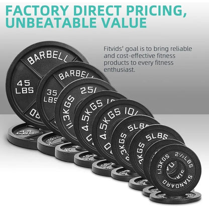 Large Fitness Equipment Cast Iron Weight Plates Set with 5FT Barbell & Star Locks - 45 lbs Total