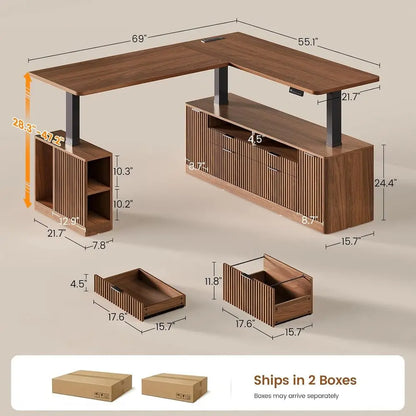 69 x 55 L-Shaped Electric Desk with 4 Drawers, Storage, Power Outlet, Brown