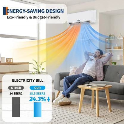 Mini Split AC & Heat Pump 9000 BTU 208/230V, 18.5 SEER2 WiFi, Compatible With Alexa Google Home, 28dB Quiet For 450 Sq.Ft