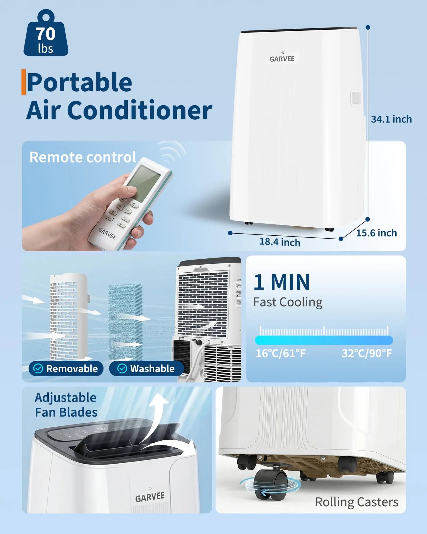 14000 BTU Portable Air Conditioner 4-in-1 Cool Dry Swing Fan Portable AC Unit with Remote LCD Display Child Lock Quiet Operation Fast Cooling Air Purification Dehumidifier Combo for Home Room Up to 800 Sq Ft