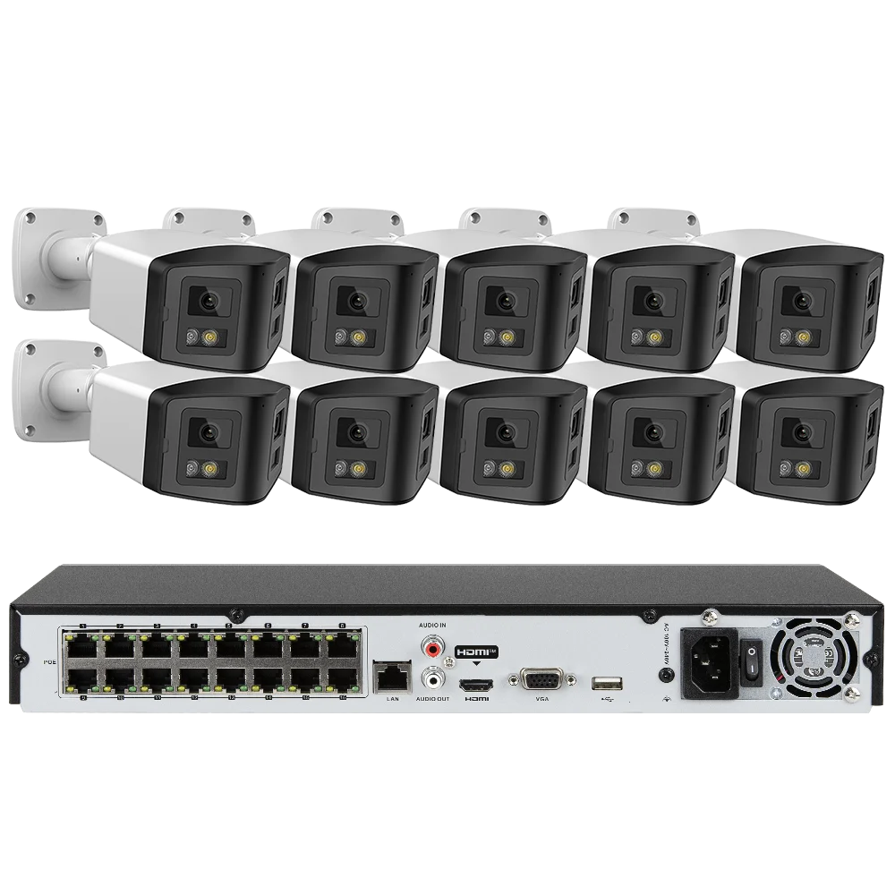 16ch POE NVR Dual-Lens Security Camera 180° Panorama Turret Color Night Vision Human/Vehicle IP67 H.265 Surveillance 2 Way Voice