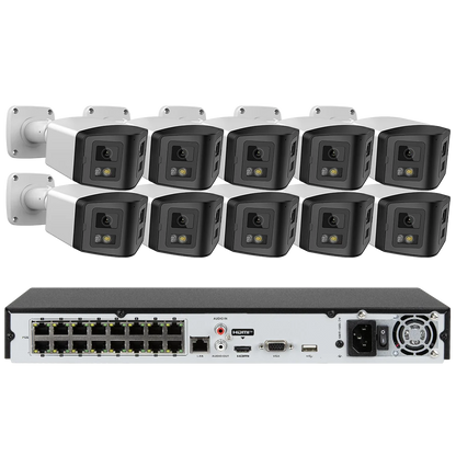 16ch POE NVR Dual-Lens Security Camera 180° Panorama Turret Color Night Vision Human/Vehicle IP67 H.265 Surveillance 2 Way Voice