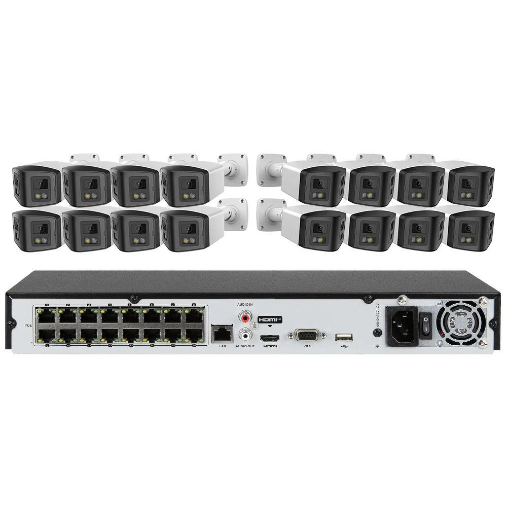 16ch POE NVR Dual-Lens Security Camera 180° Panorama Turret Color Night Vision Human/Vehicle IP67 H.265 Surveillance 2 Way Voice