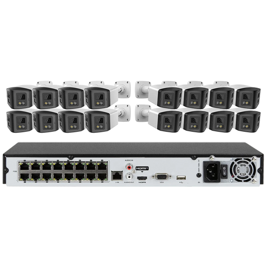 16ch POE NVR Dual-Lens Security Camera 180° Panorama Turret Color Night Vision Human/Vehicle IP67 H.265 Surveillance 2 Way Voice