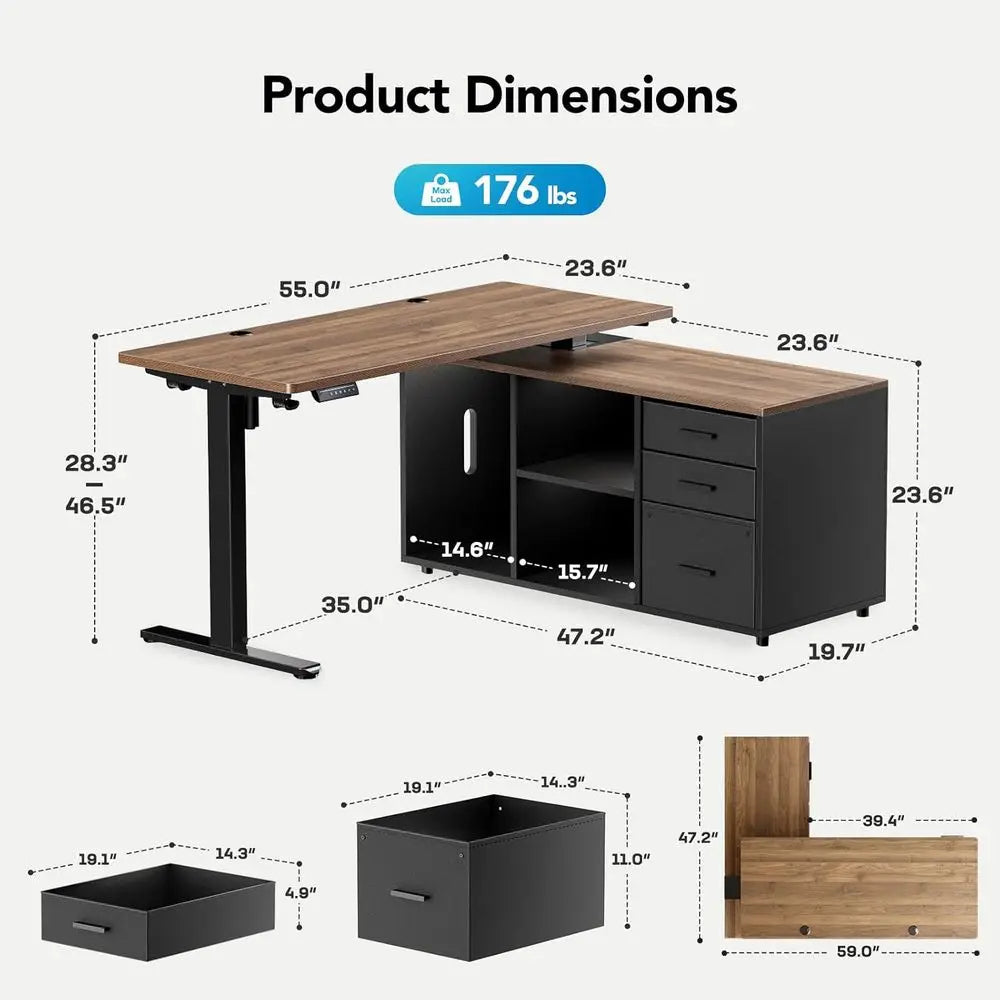 55 L-Shaped Electric Standing Desk with Drawers, Adjustable Height, 4 Memory Presets, Walnut Finish