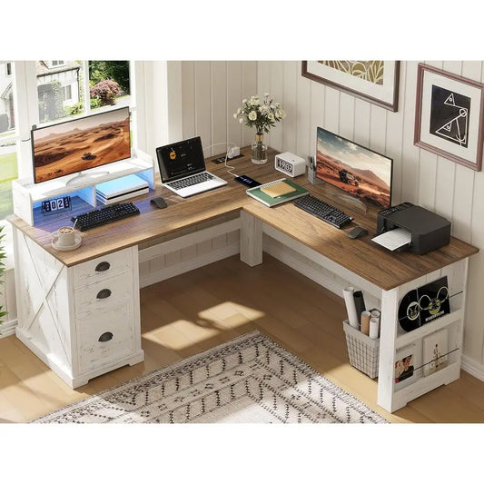 59 LED-lit L-Shaped Desk with Adjustable Stand, Power Outlets, Home Office & Gaming, Antique White Executive Desk
