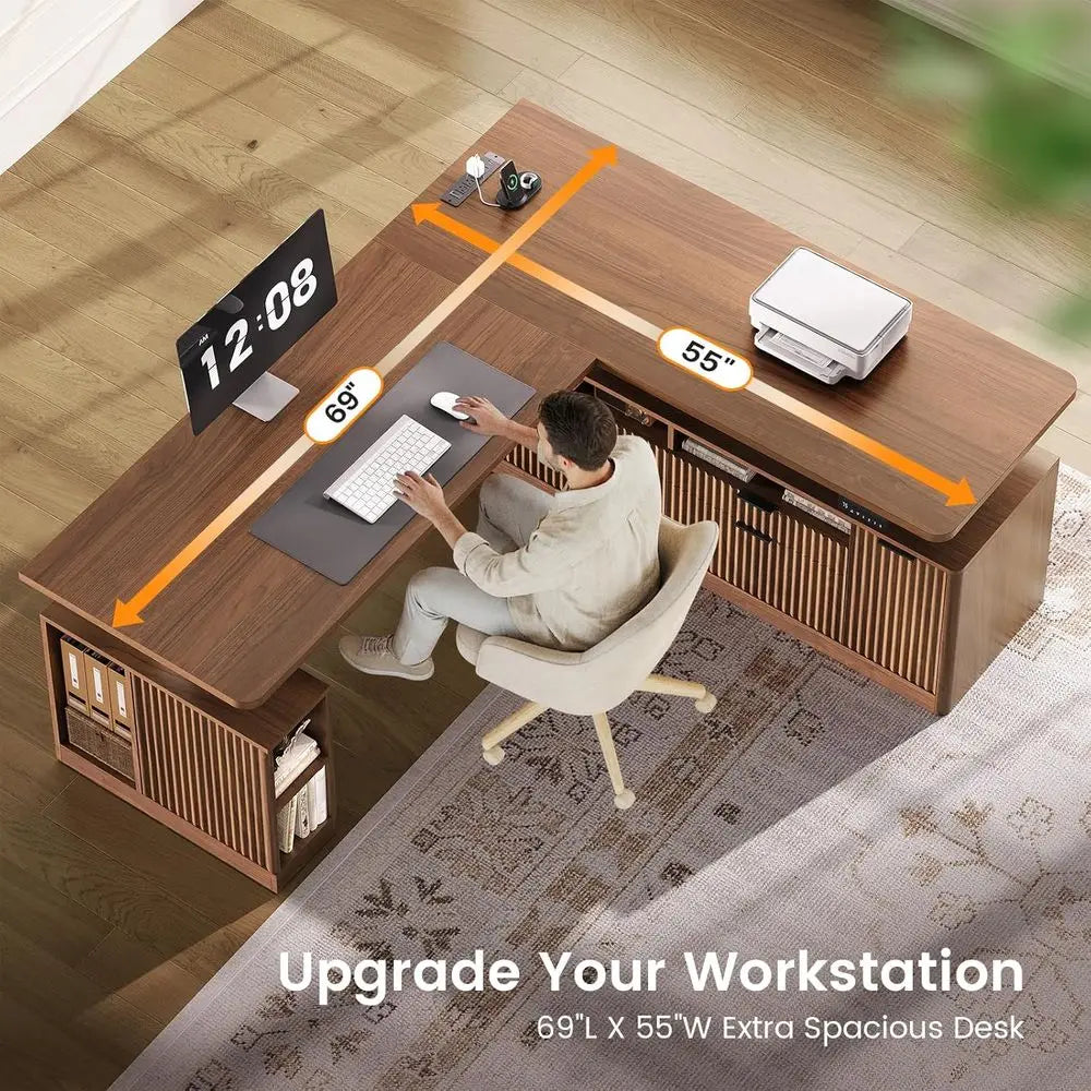 69 x 55 L-Shaped Electric Desk with 4 Drawers, Storage, Power Outlet, Brown