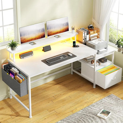 Gaming Desk with Monitor Stand,Computer Desk with LED Lights &Power Outlets,Office Desk with Drawers & Printer, Customized