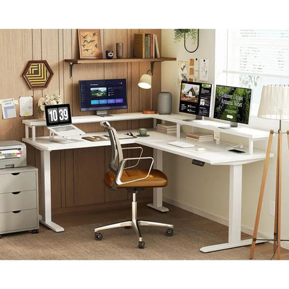 59 L-Shaped Electric Desk with Monitor Stand, 3 Memory Settings, White | Ideal for Home Office, Computer Workstation
