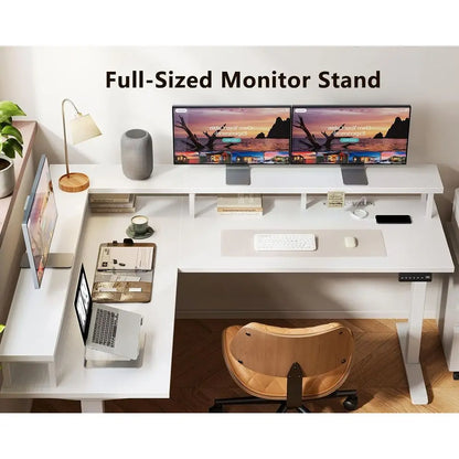 59 L-Shaped Electric Desk with Monitor Stand, 3 Memory Settings, White | Ideal for Home Office, Computer Workstation