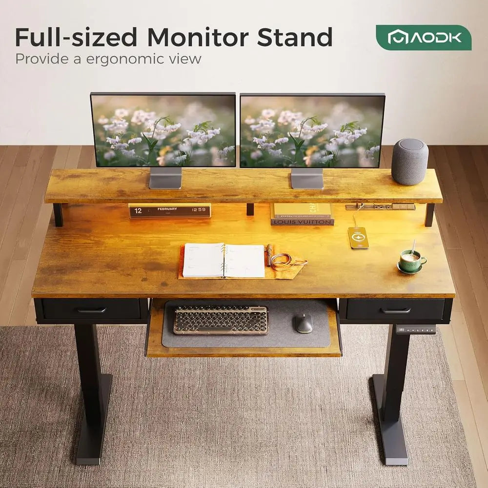 Electric Standing Desk with Ders & Keyboard Tray, 55 Inch Height Adjustable Gaming Desk with Power Outlets & LED Lights, Sit Sta