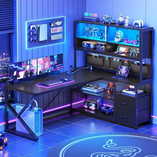 L Shaped Gaming Desk, Home Oice Computer Desk with 2 Der and Bookshel, L Shaped Gaming Desk with LED Light, Glass Cabinet and St