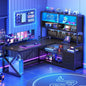 L Shaped Gaming Desk, Home Oice Computer Desk with 2 Der and Bookshel, L Shaped Gaming Desk with LED Light, Glass Cabinet and St