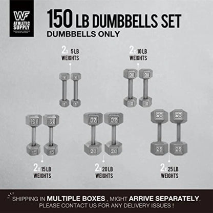 Cast Iron Dumbbell Set, Solid Hexagon Grey Dumbbell Set, Strength Training Free Weights for Women Men, 150 LB Set