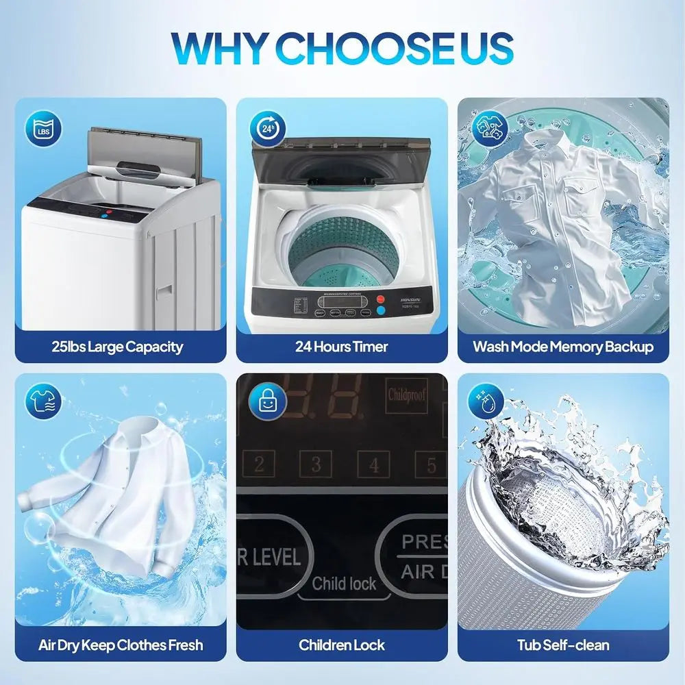 25LBS Portable Washing hine, ull-Automatic Electric Laundry hine with StainlSteel Drum, Compact Washer and Spin Dryer Combo with