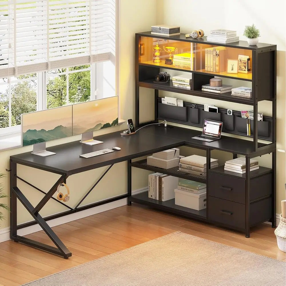 L Shaped Gaming Desk, Home Oice Computer Desk with 2 Der and Bookshel, L Shaped Gaming Desk with LED Light, Glass Cabinet and St