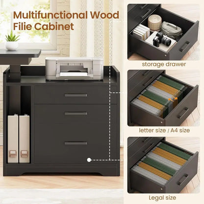 L Shaped Electric Standing Desk with ile Cabinet, 63 x 53'' Height Adjustable Home Oice Computer Desk with Ders, Power Outlet, S