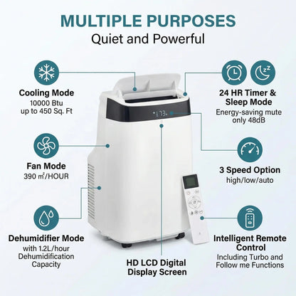Portable Air Conditioner Cools Rooms Up To 450 Sq Ft 3 In 1 Quiet AC Unit With 3 Speeds Remote Control 24H Timer Smart Control Panel Multi Function Modes For Home Office Bedroom
