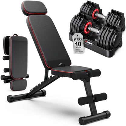 Adjustable Dumbbells Set of 2, 1 Hand Adjustable Weights Dumbbell Set and Workout Bench, 55lb Pair Weight Set For Home Gym