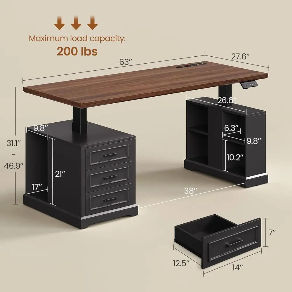 armhouse Electric Standing Desk, 63" Height Adjustable Computer Desk with 3 Ders, Storage Shelves, Power Outlets, Wood Home Oice