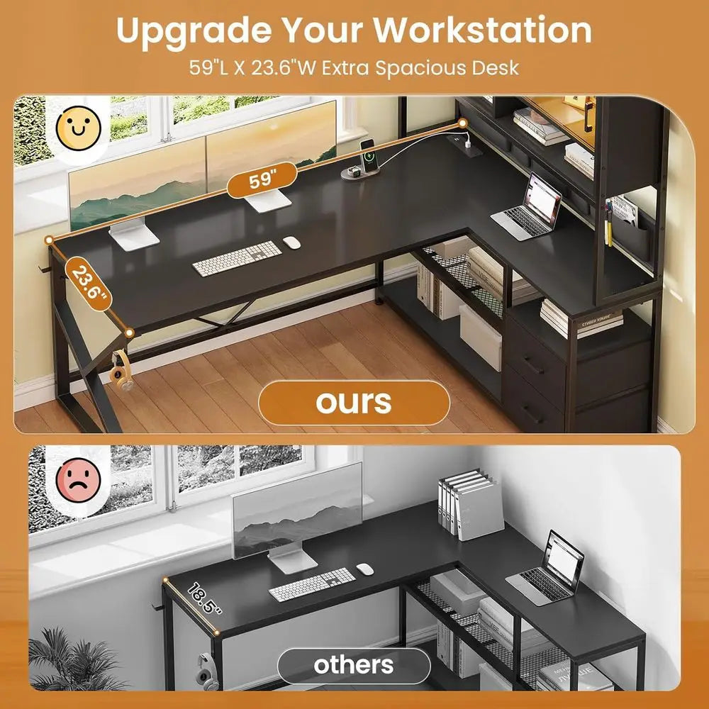 L Shaped Gaming Desk, Home Oice Computer Desk with 2 Der and Bookshel, L Shaped Gaming Desk with LED Light, Glass Cabinet and St