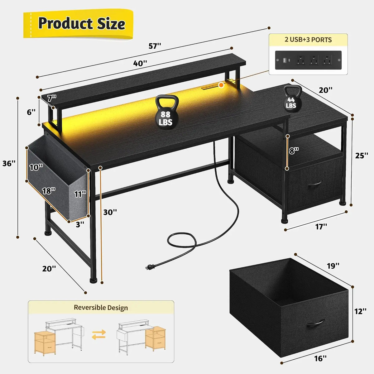 Gaming Desk with Monitor Stand,Computer Desk with LED Lights &Power Outlets,Office Desk with Drawers & Printer, Customized