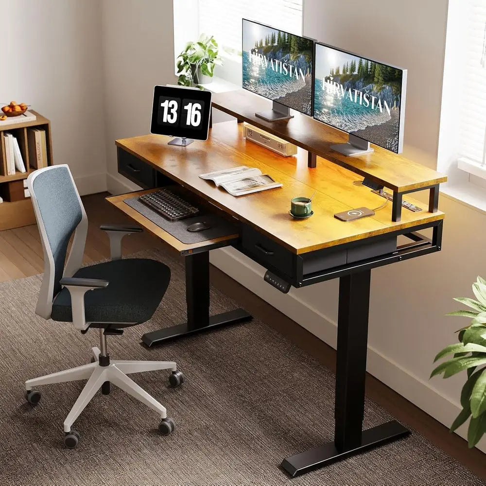 Electric Standing Desk with Ders & Keyboard Tray, 55 Inch Height Adjustable Gaming Desk with Power Outlets & LED Lights, Sit Sta