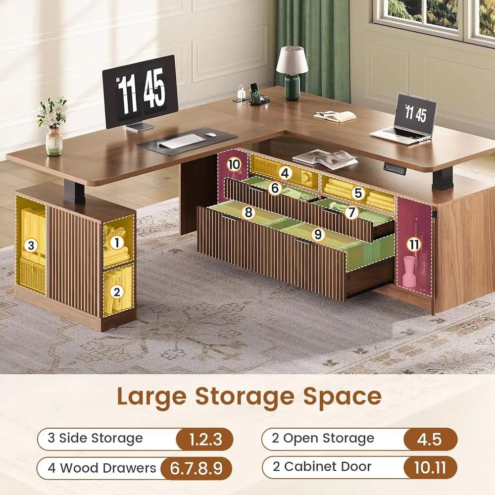 69 x 55 L-Shaped Electric Desk with 4 Drawers, Storage, Power Outlet, Brown