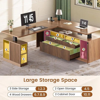 69 x 55 L-Shaped Electric Desk with 4 Drawers, Storage, Power Outlet, Brown