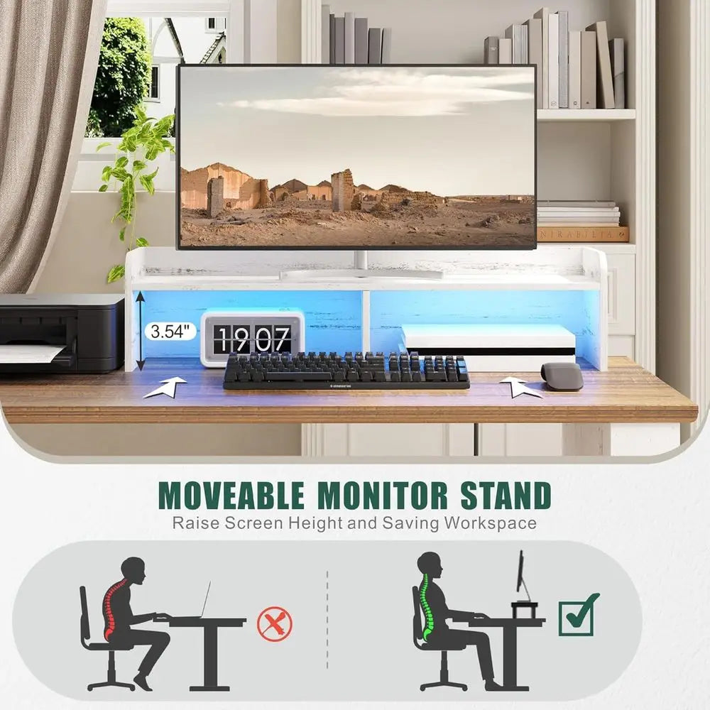 59 LED-lit L-Shaped Desk with Adjustable Stand, Power Outlets, Home Office & Gaming, Antique White Executive Desk