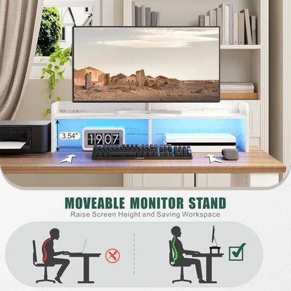 59 LED-lit L-Shaped Desk with Adjustable Stand, Power Outlets, Home Office & Gaming, Antique White Executive Desk