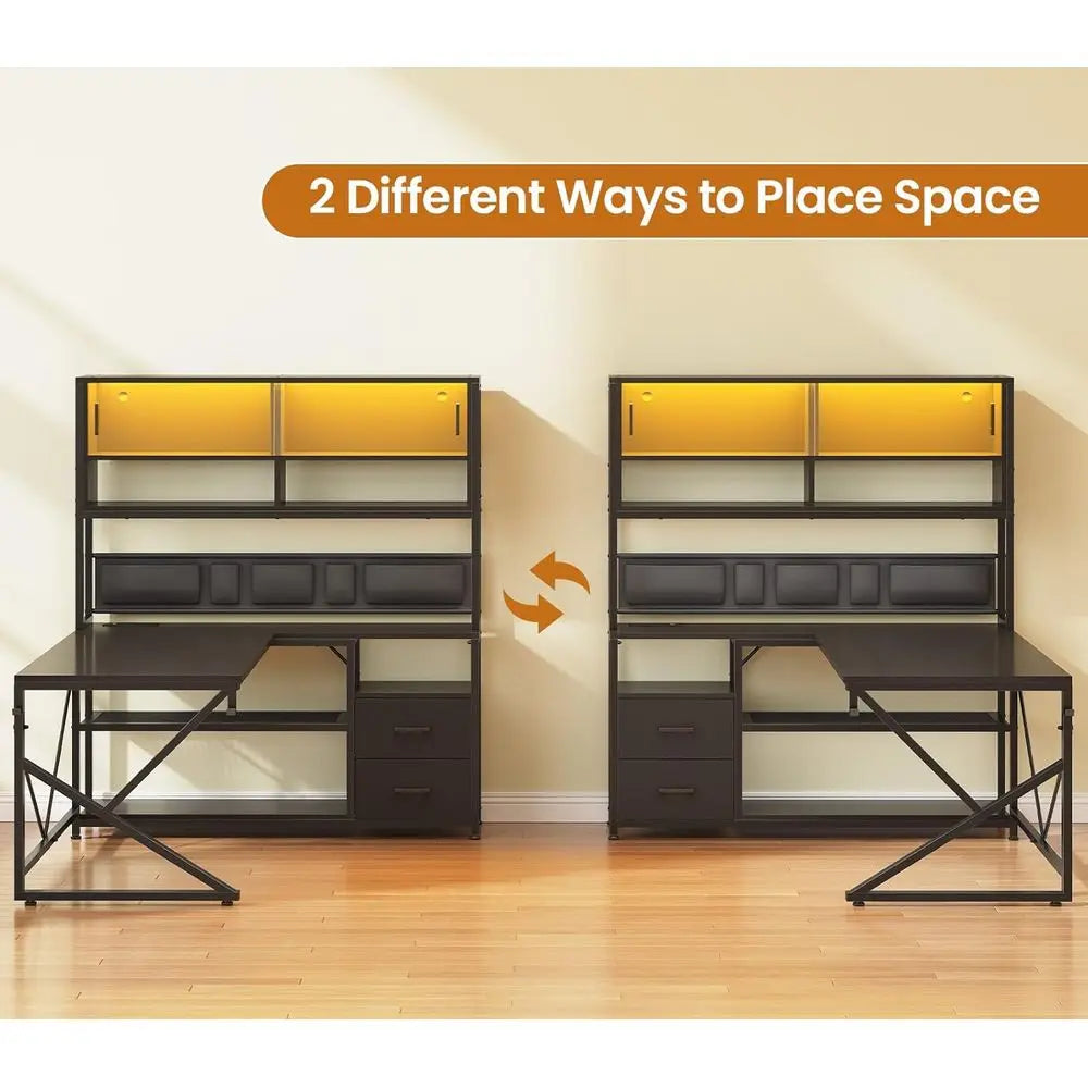 L Shaped Gaming Desk, Home Oice Computer Desk with 2 Der and Bookshel, L Shaped Gaming Desk with LED Light, Glass Cabinet and St