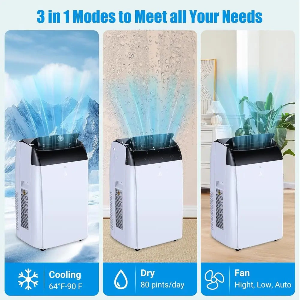 14000 BTU Portable Air Conditioner Cools 750 Sq. Ft., 3-in-1 Quiet Unit with Remote, Auto Swing, 24H Timer for Large Rooms