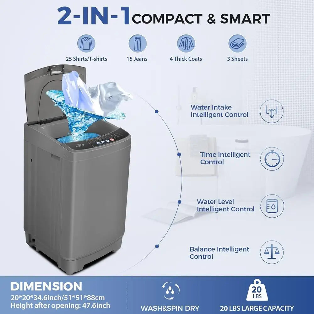 Washing hine or Aparent, 20Lbs 2.8Cu.t, 480W Drain Pump | Portable Washer and Dryer Combo, 10 Progs 8 Water Levels, Energy Savin