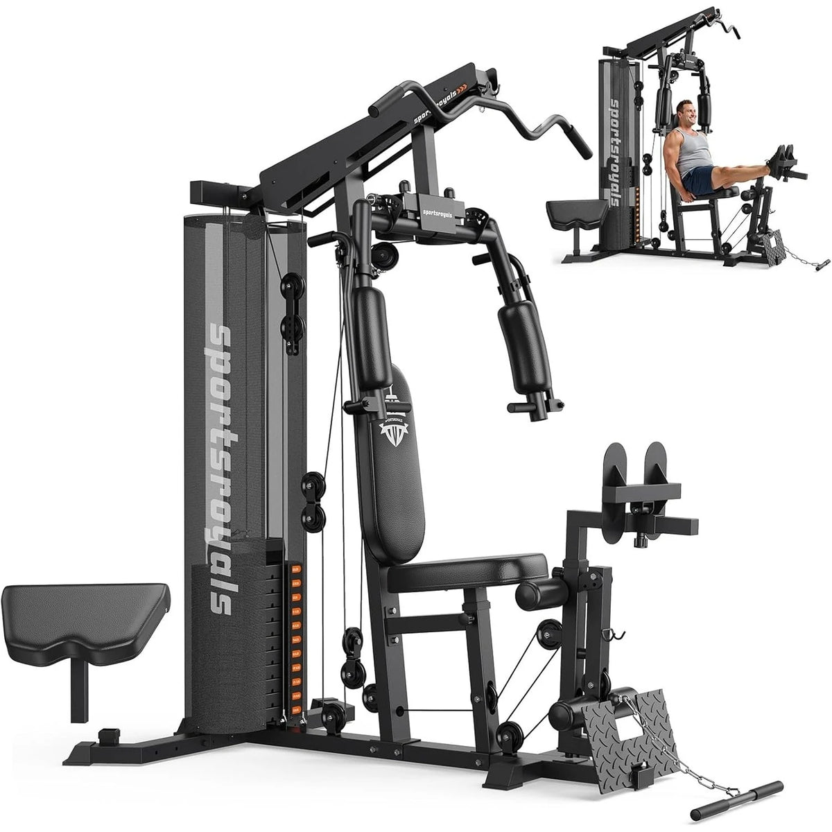Sportsroyals Home Gym Equipment, 150LBS Weight Stack, Full Body Workout Machine with Pulley System for Strength Training