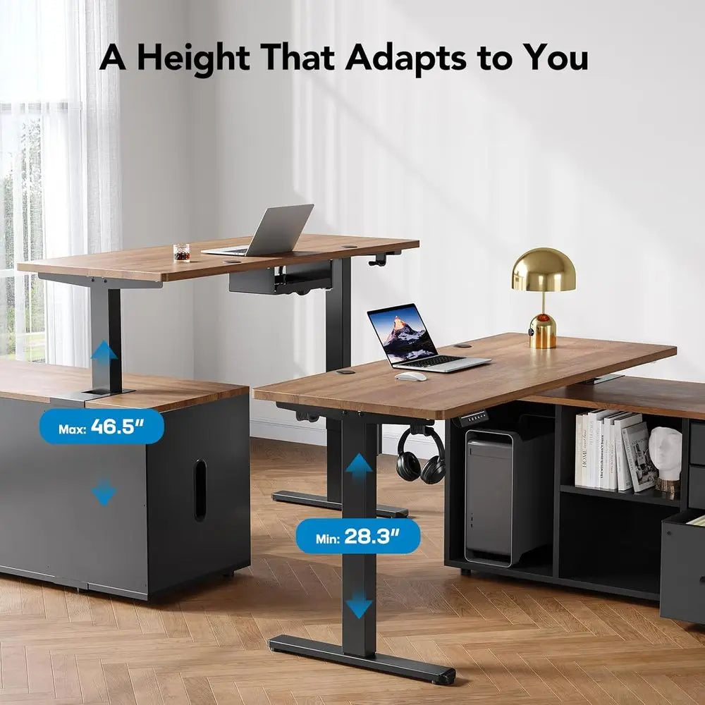 55 L-Shaped Electric Standing Desk with Drawers, Adjustable Height, 4 Memory Presets, Walnut Finish