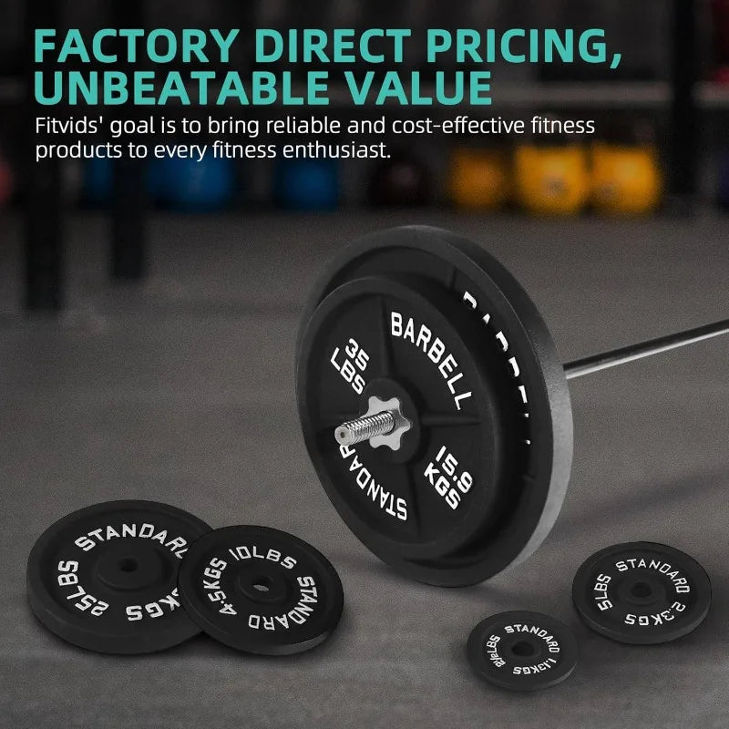 Large Fitness Equipment Cast Iron Weight Plates Set with 5FT Barbell & Star Locks - 45 lbs Total