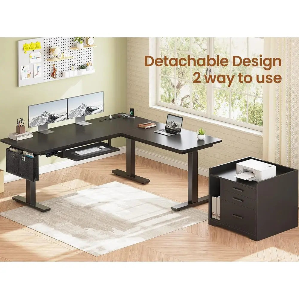 L Shaped Electric Standing Desk with ile Cabinet, 63 x 53'' Height Adjustable Home Oice Computer Desk with Ders, Power Outlet, S