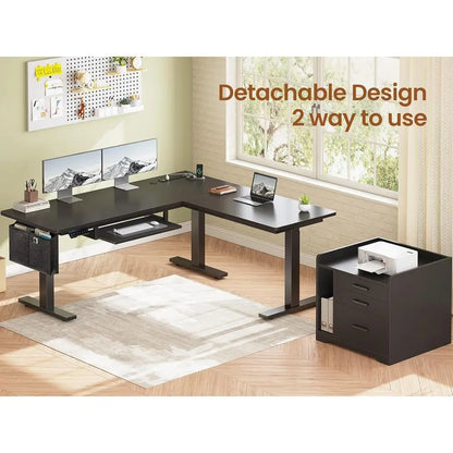 L Shaped Electric Standing Desk with ile Cabinet, 63 x 53'' Height Adjustable Home Oice Computer Desk with Ders, Power Outlet, S