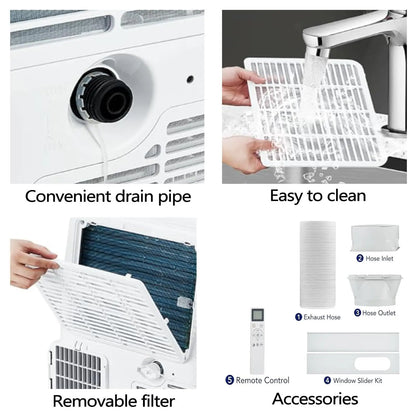 14000 BTU Portable Air Conditioners with Built-in Cool, Dehumidifier, Fan, Sleep Mode, 4-in-1 Compact Mobile AC Unit, Window Exhaust Kit 24H Timer