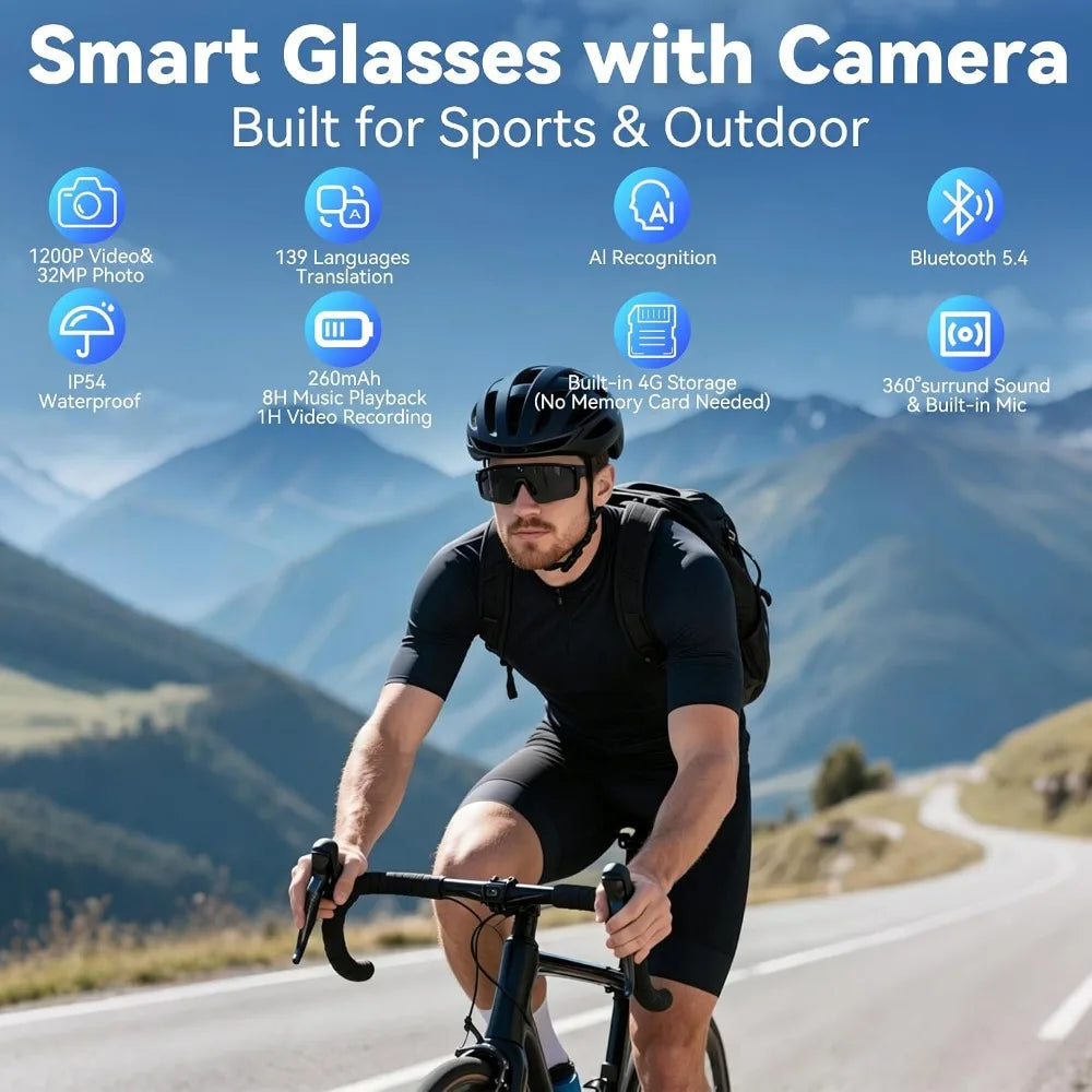 Camera-equipped Glasses, HD Recording, Waterproof Bluetooth Sunglasses, AI Assistant, Touch Control, UV Protection