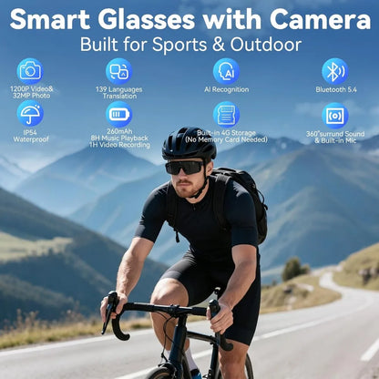 Camera-equipped Glasses, HD Recording, Waterproof Bluetooth Sunglasses, AI Assistant, Touch Control, UV Protection